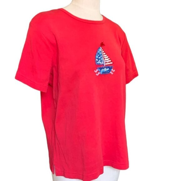 Quacker Factory Tee Top Sequined Sailboat USA Stars & Stripes L Red 61K - Picture 3 of 7